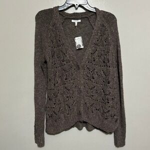 Maurices Womens Cardigan M Brown Pointelle Open Knit Button V-Neck Boho Earthy